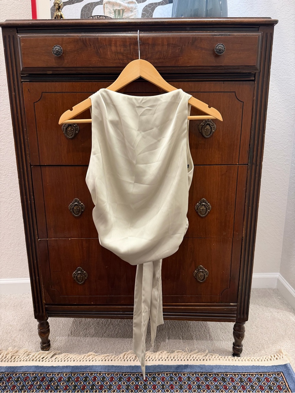 ZARA Satin Draped Tie Back Blouse in Pea Green